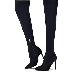 Women Black Neoprene Suede Pointed Toe 4.3 inch Stilettos Thigh High Heels Boots